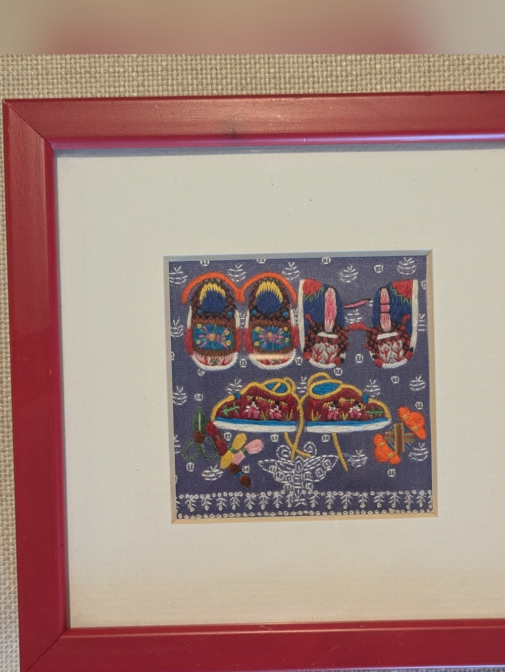 Framed + Matted Chinese Embroidered Folk Art Shoes 6" x 6